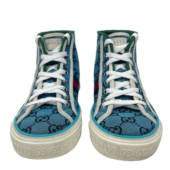 Gucci Tennis 1977 High Top Sneakers Turquoise Navy Logo Monogram Size 37 - Picture 4 of 11